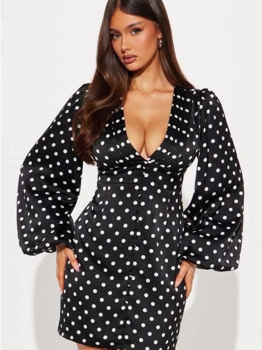 Fashion Nova Black and White Polka Dot Long-Sleeve Mini Dress